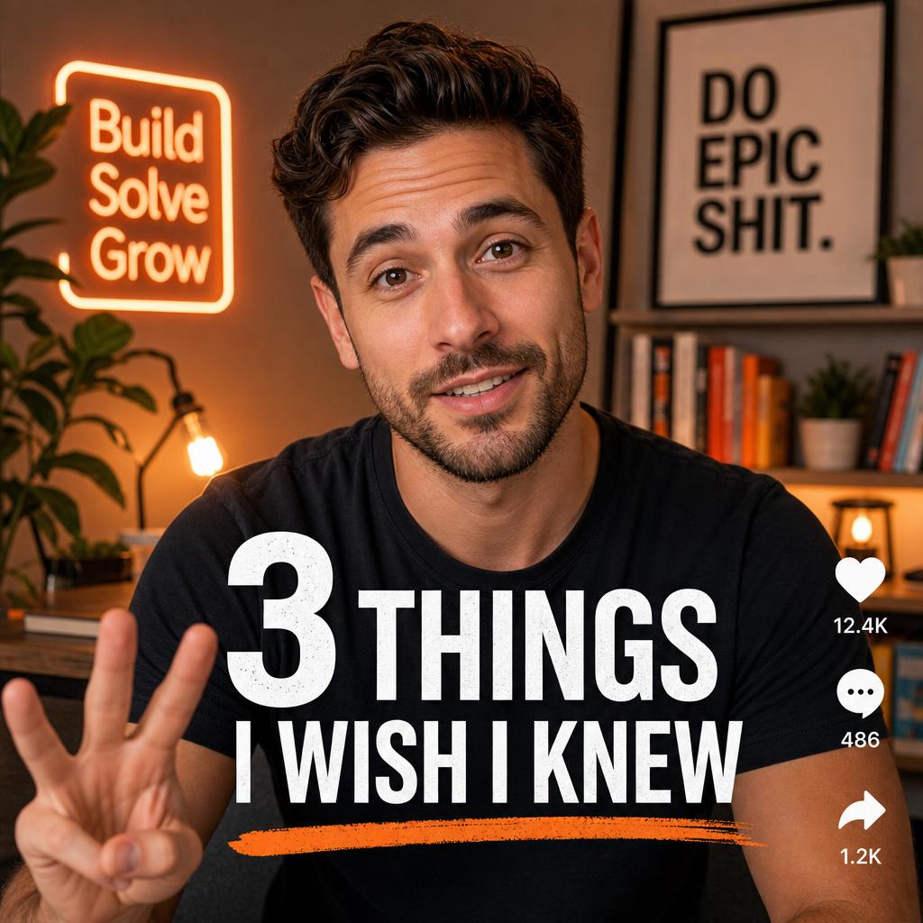 A styled vertical video thumbnail of a founder-style talking-head video with bold caption text reading 3 Things I Wish I Knew and social-style like and comment icons
