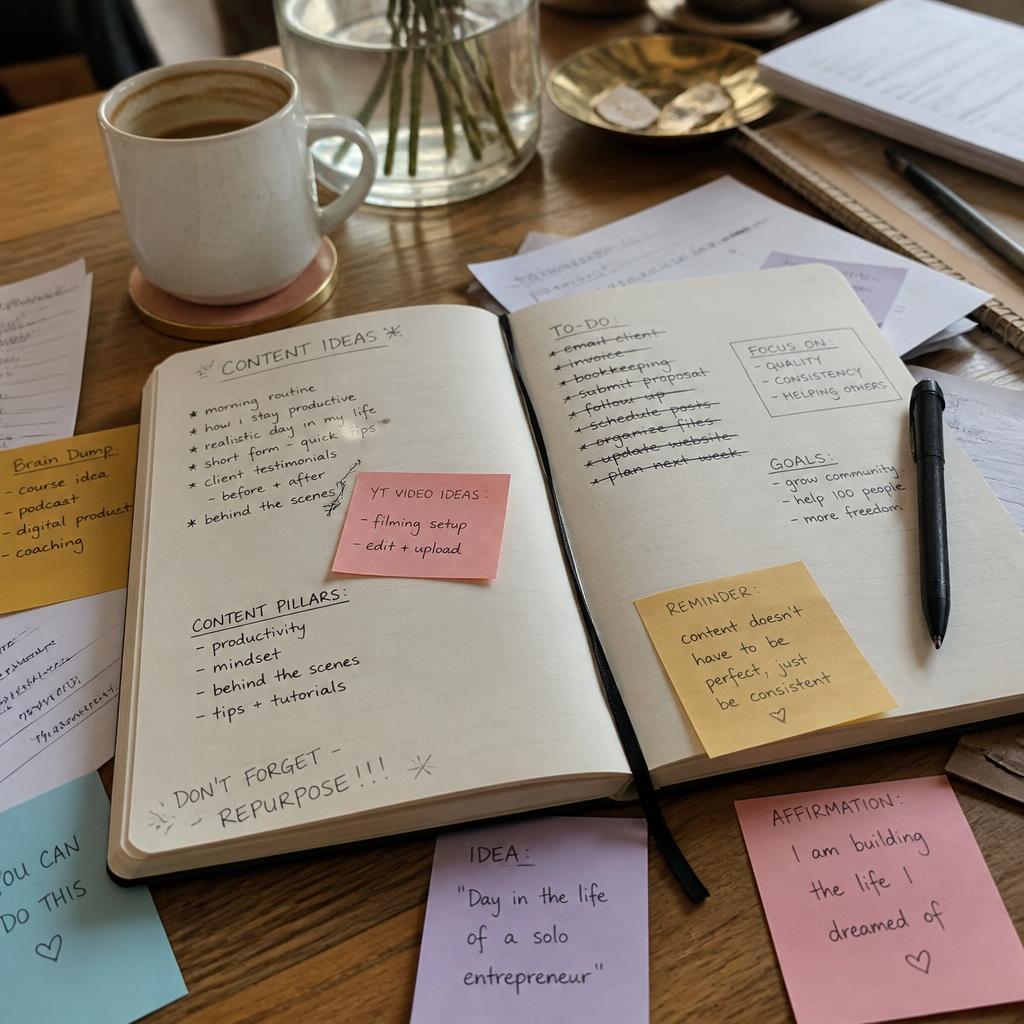 Close-up of a cluttered planning desk with a notebook full of scribbled content ideas, crossed-out to-do lists, sticky notes and a coffee cup