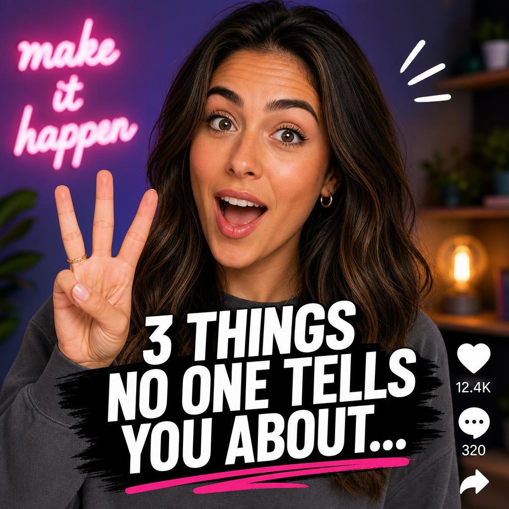 A styled vertical video thumbnail of a creator mid-expression with bold caption text reading 3 Things No One Tells You About and social-style like and comment icons