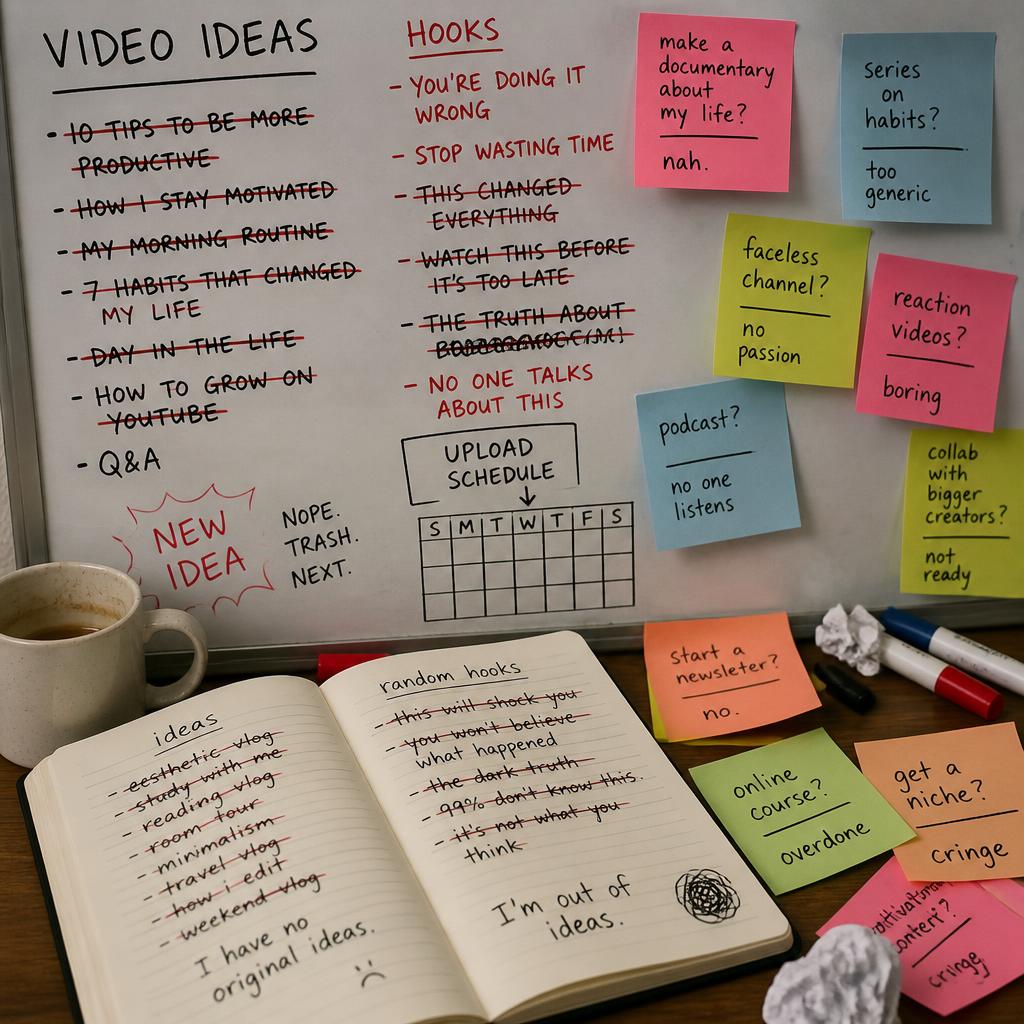 Close-up of a whiteboard and notebook covered in crossed-out video ideas, scribbled hooks and sticky notes with abandoned content concepts