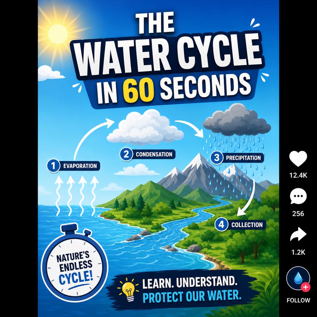 A styled vertical video thumbnail explaining the water cycle with a simple diagram, bold caption text and social-style like and comment icons