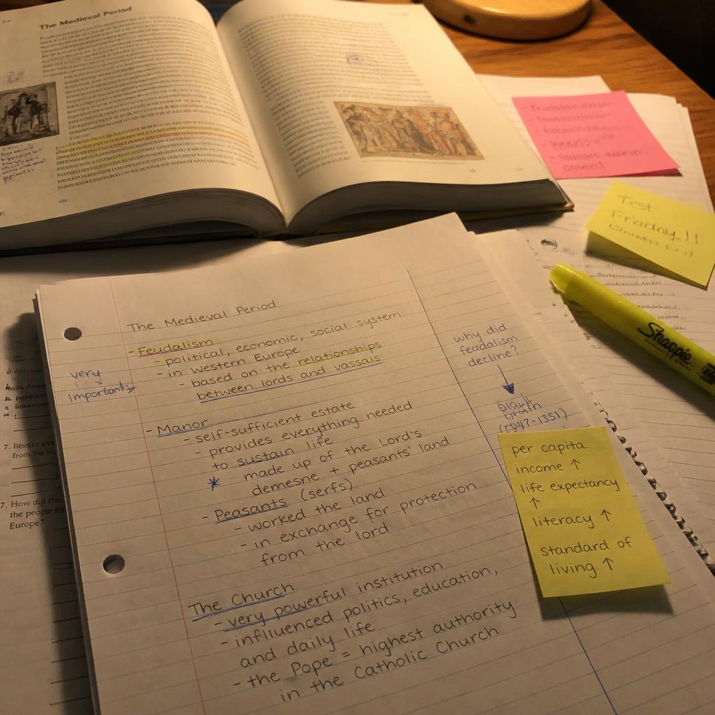Close-up of messy study materials: an open textbook, handwritten notes with underlines and margin scribbles, sticky notes and a highlighter on a wooden desk
