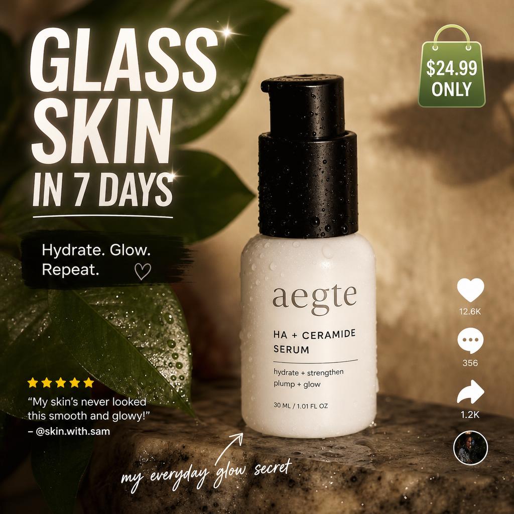The same skincare serum bottle inside a styled vertical ad frame with bold caption text, a price tag badge and social-style like and comment icons