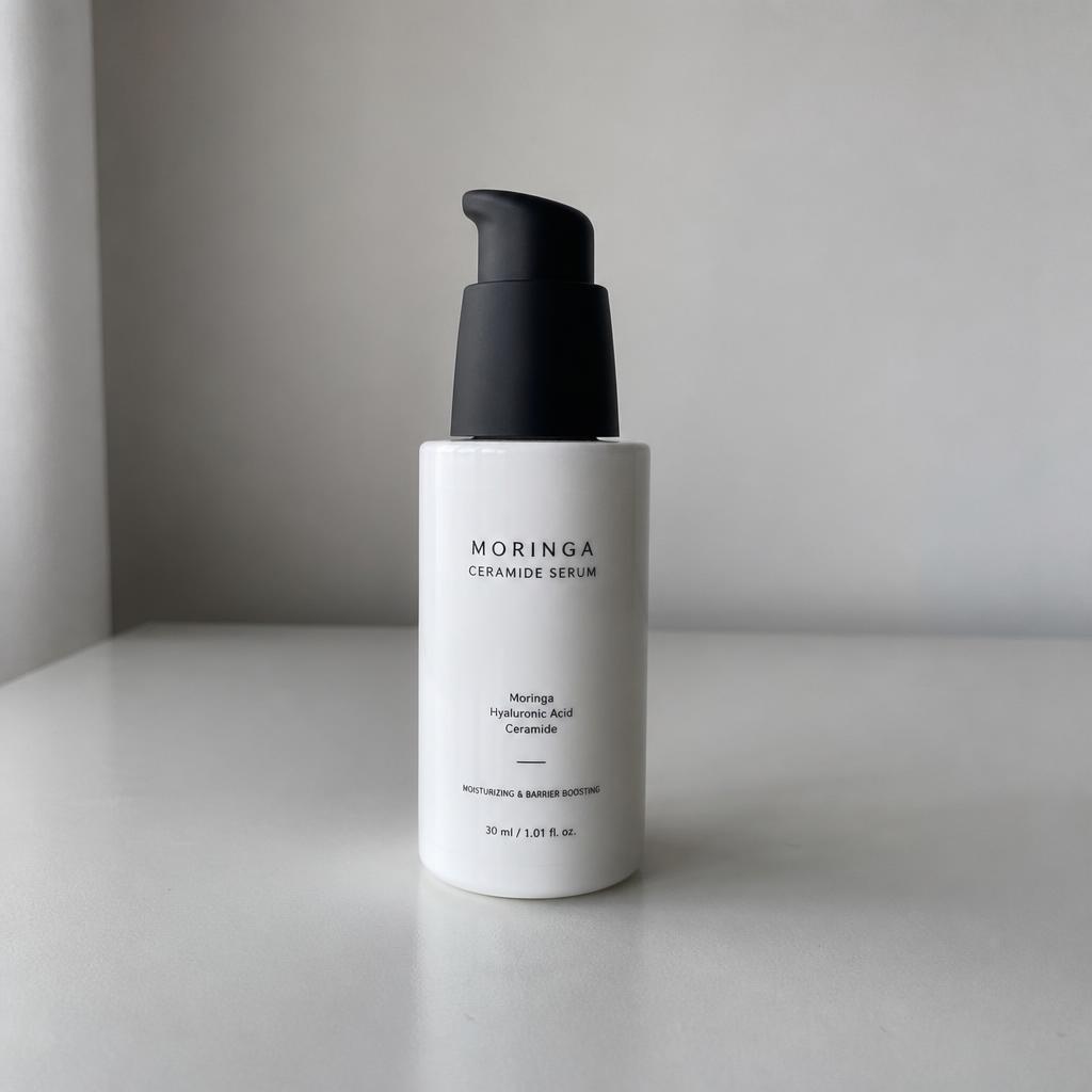 Plain unstyled photo of a white skincare serum bottle with a black pump cap on a bare table, the kind of shot a seller already has